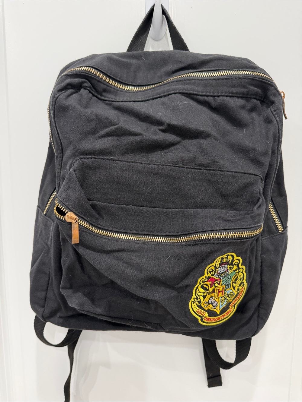 Pottery Barn Teen Black Canvas Backpack with Yellow Red Crest Patch